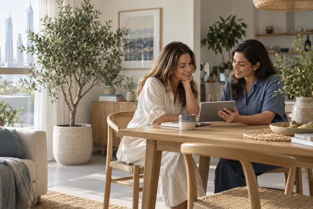 A homeowner and property-care visitor discussing the home together over a tablet